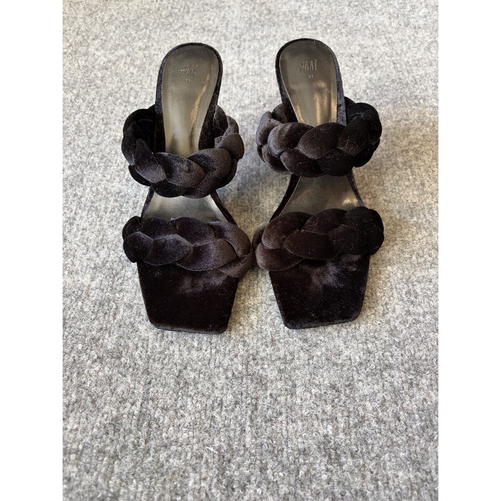 H&M Velvet Heels Women Size 40 Black Braided Square Toe Slip On Formal Mules
